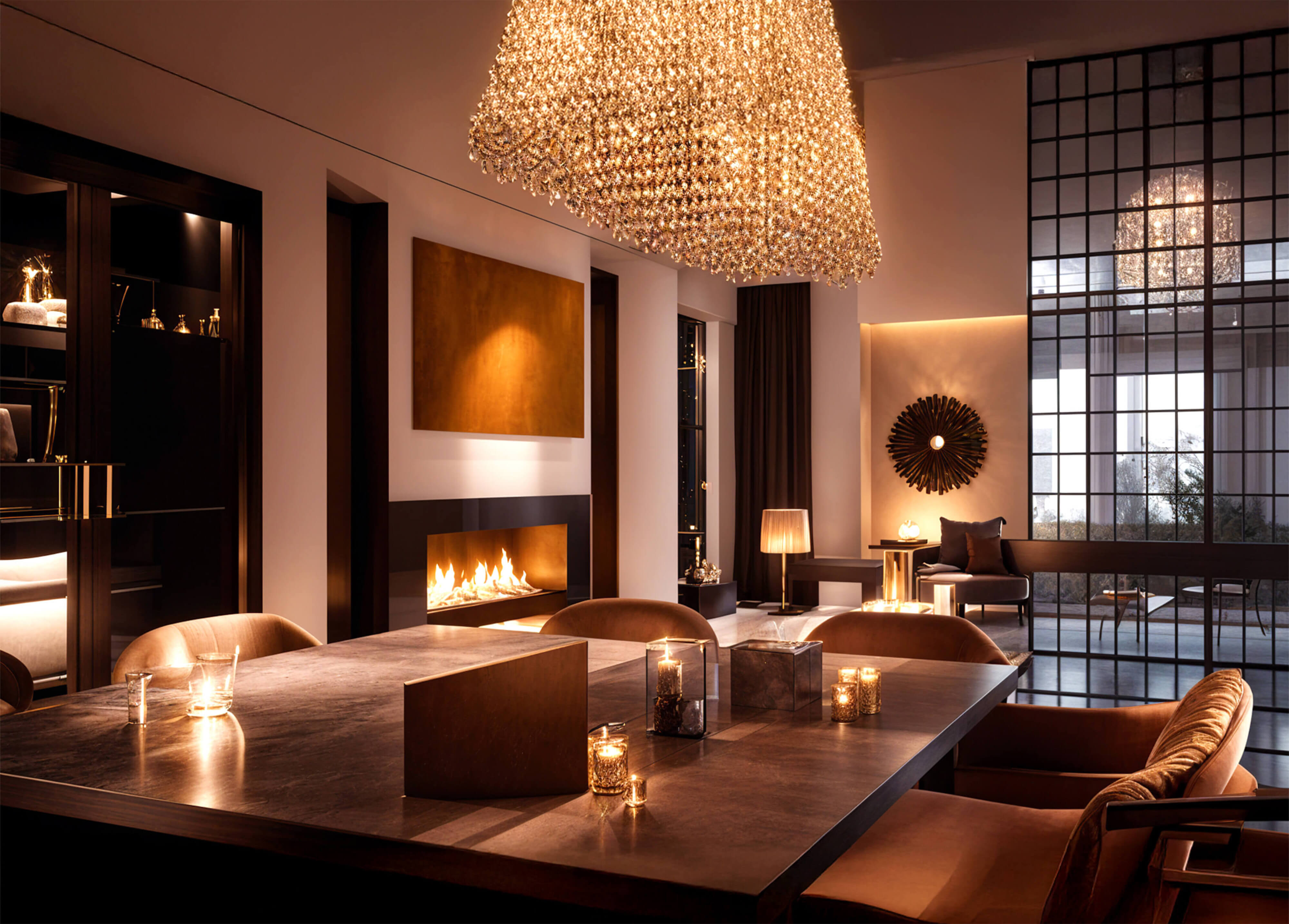 A warm, elegant dining lounge featuring a dramatic crystal chandelier, fireplace, and soft candlelight creating an intimate atmosphere.