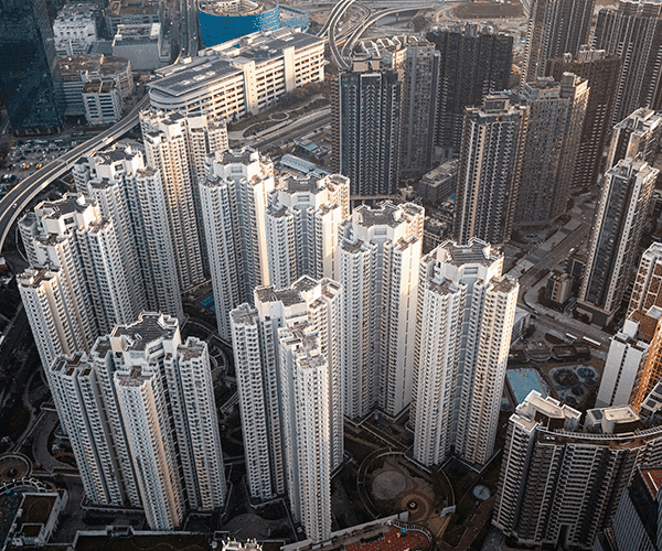 Birds eye view of a cluster of buildings in Hong Kong