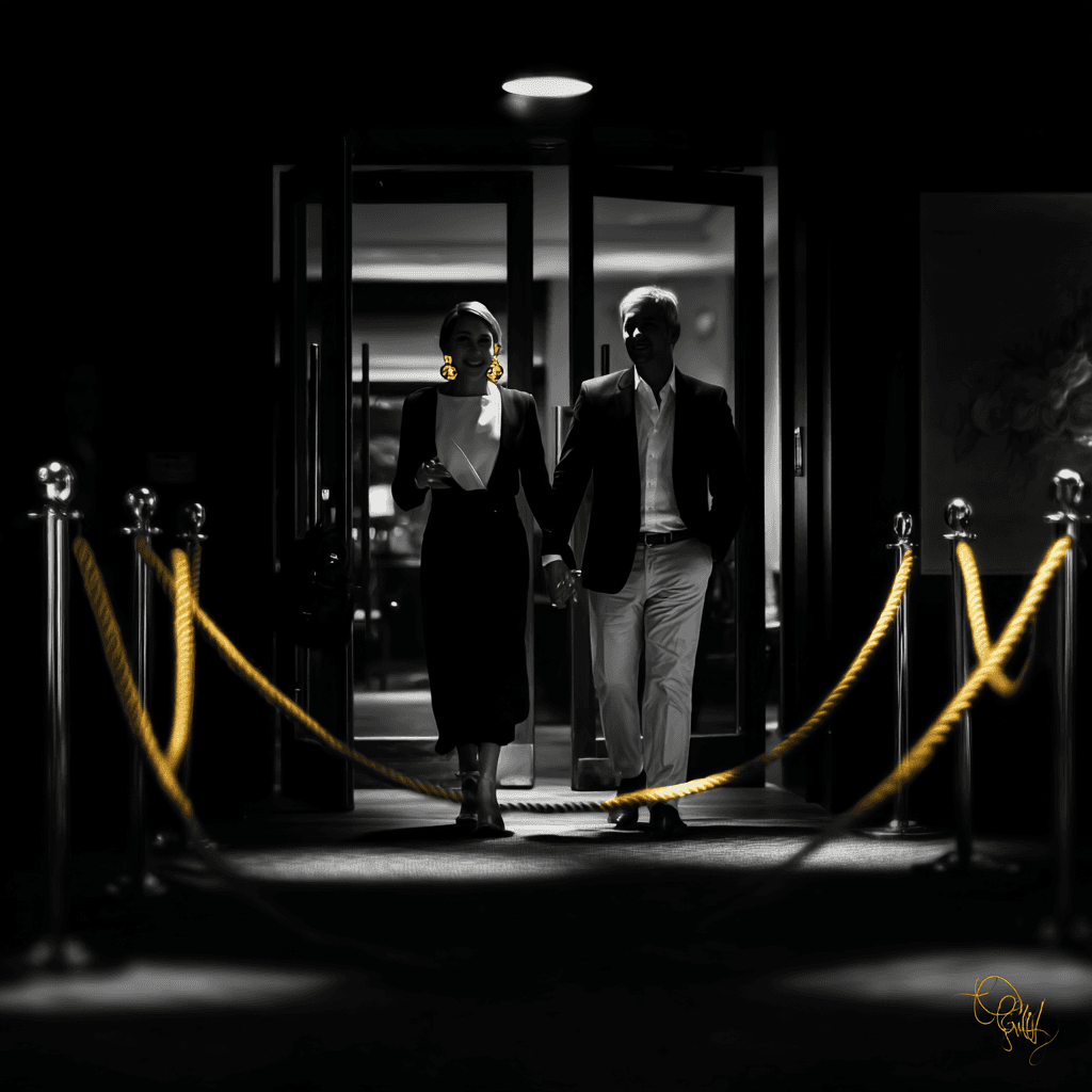 Couple arriving through the velvet rope entrance, warm golden light from inside