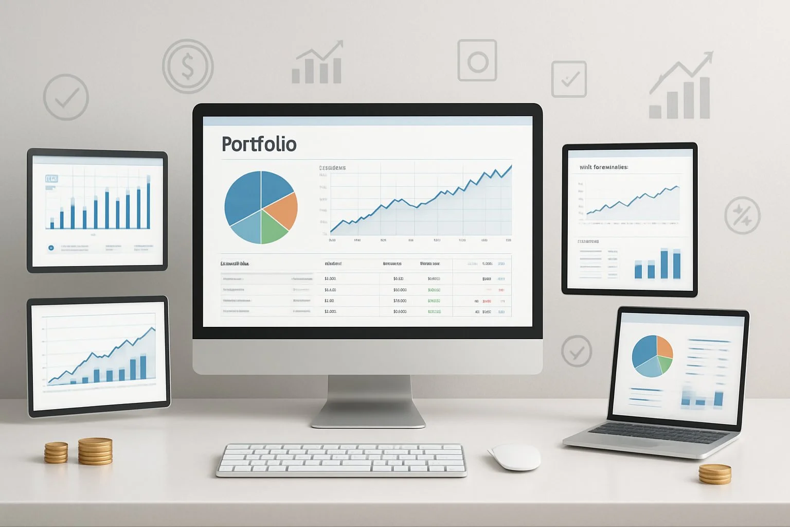 Clean workspace with multiple floating screens displaying graphs, charts, and portfolio dashboards, surrounded by subtle financial symbols like coins and checkmarks.