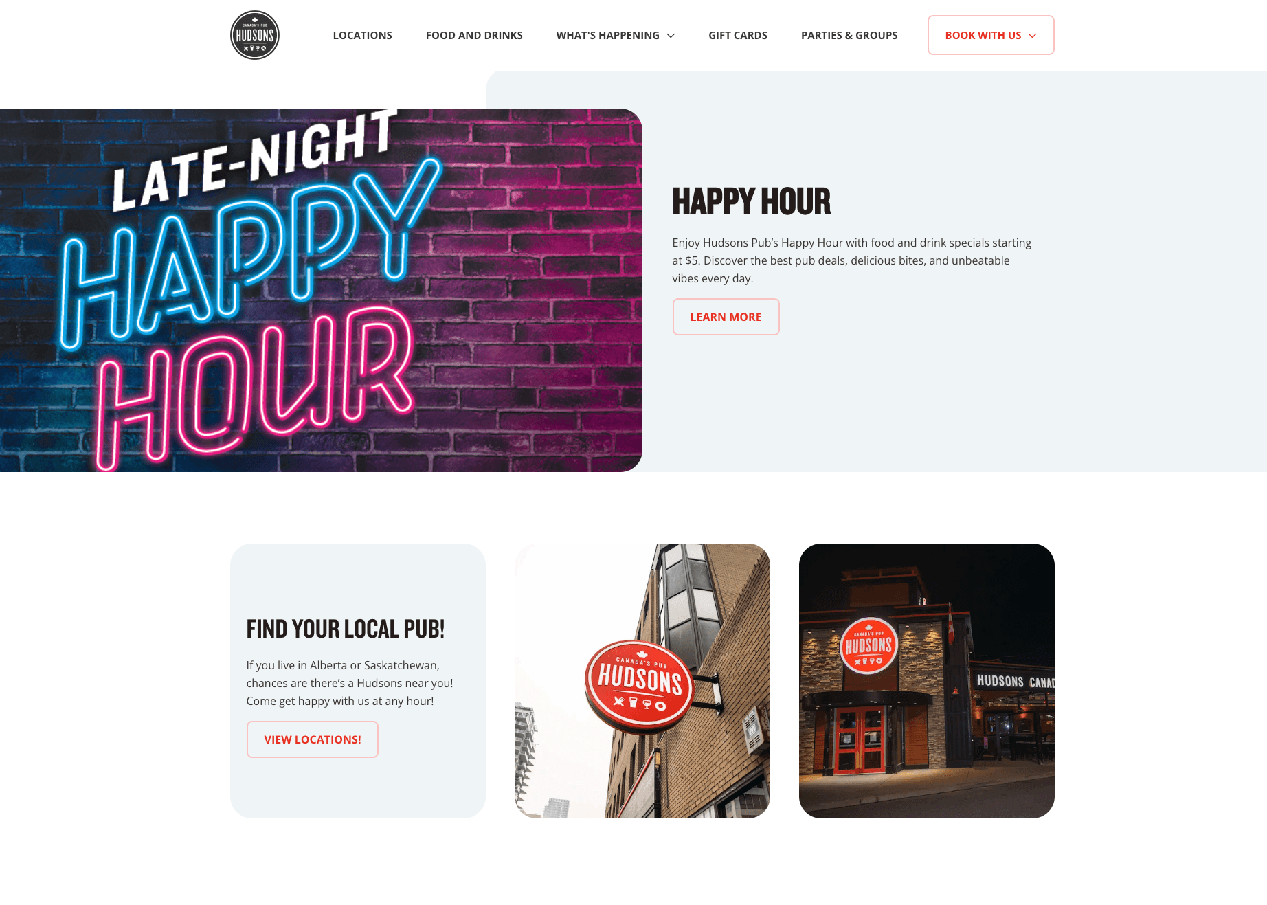 Hudsons Canada's Pub happy hour and find local pub section