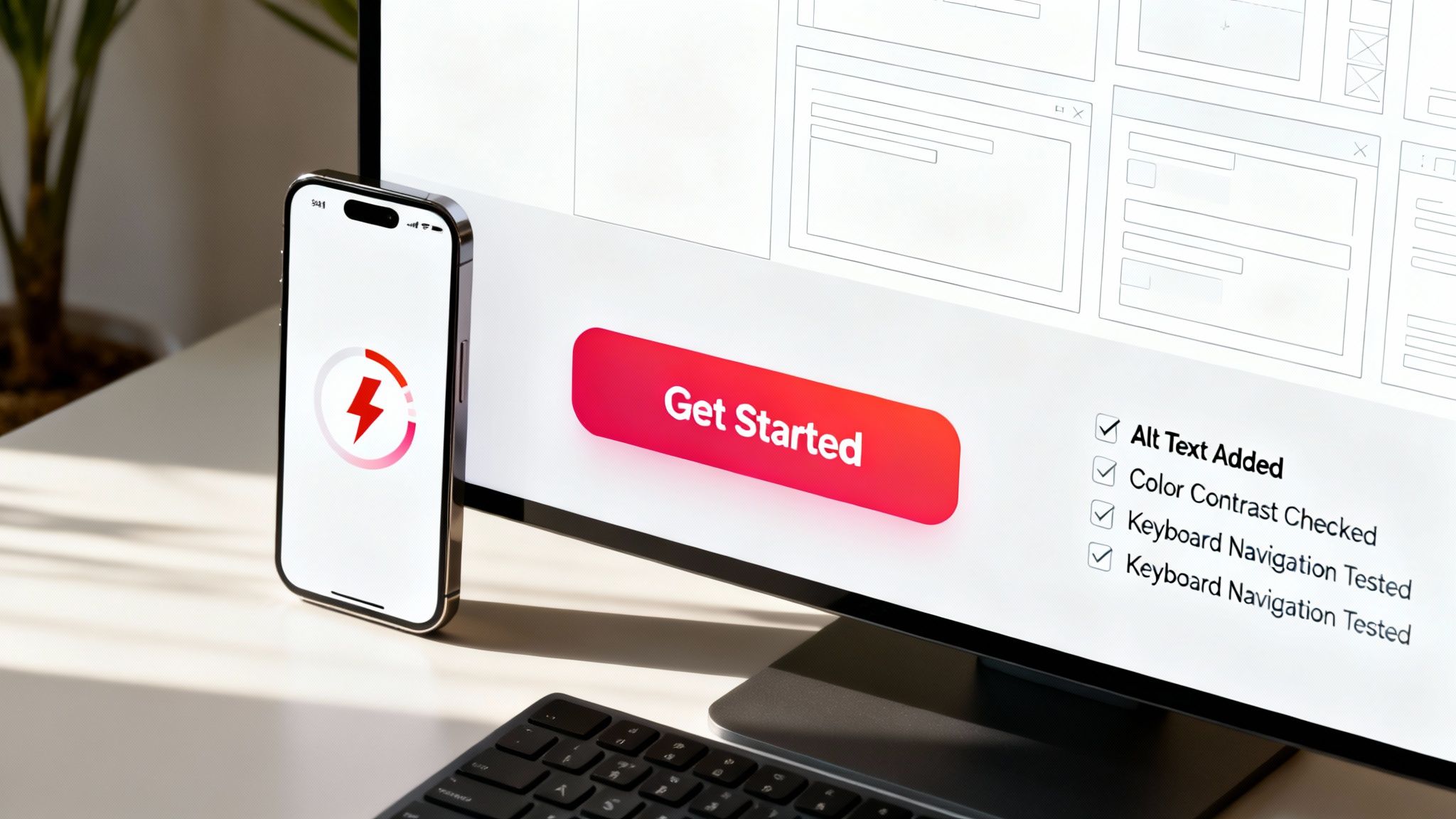 Desk setup with a smartphone and a monitor displaying a website design, 'Get Started' button, and accessibility checks.