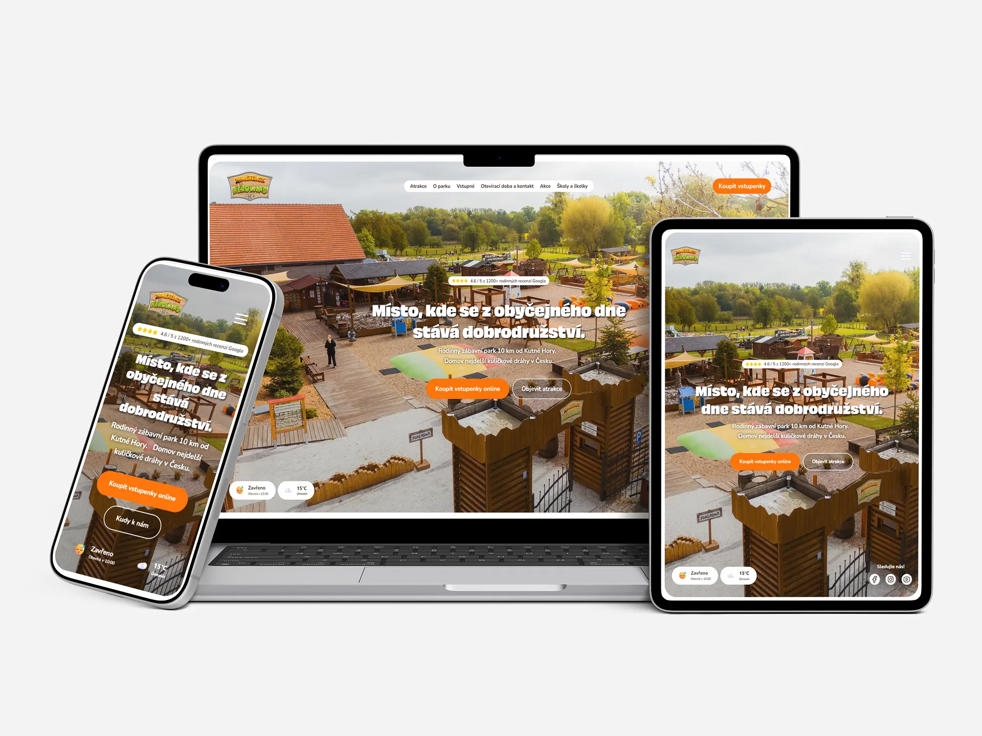Mockup webu Heroland zobrazený na Iphonu, Ipadu a Macbooku