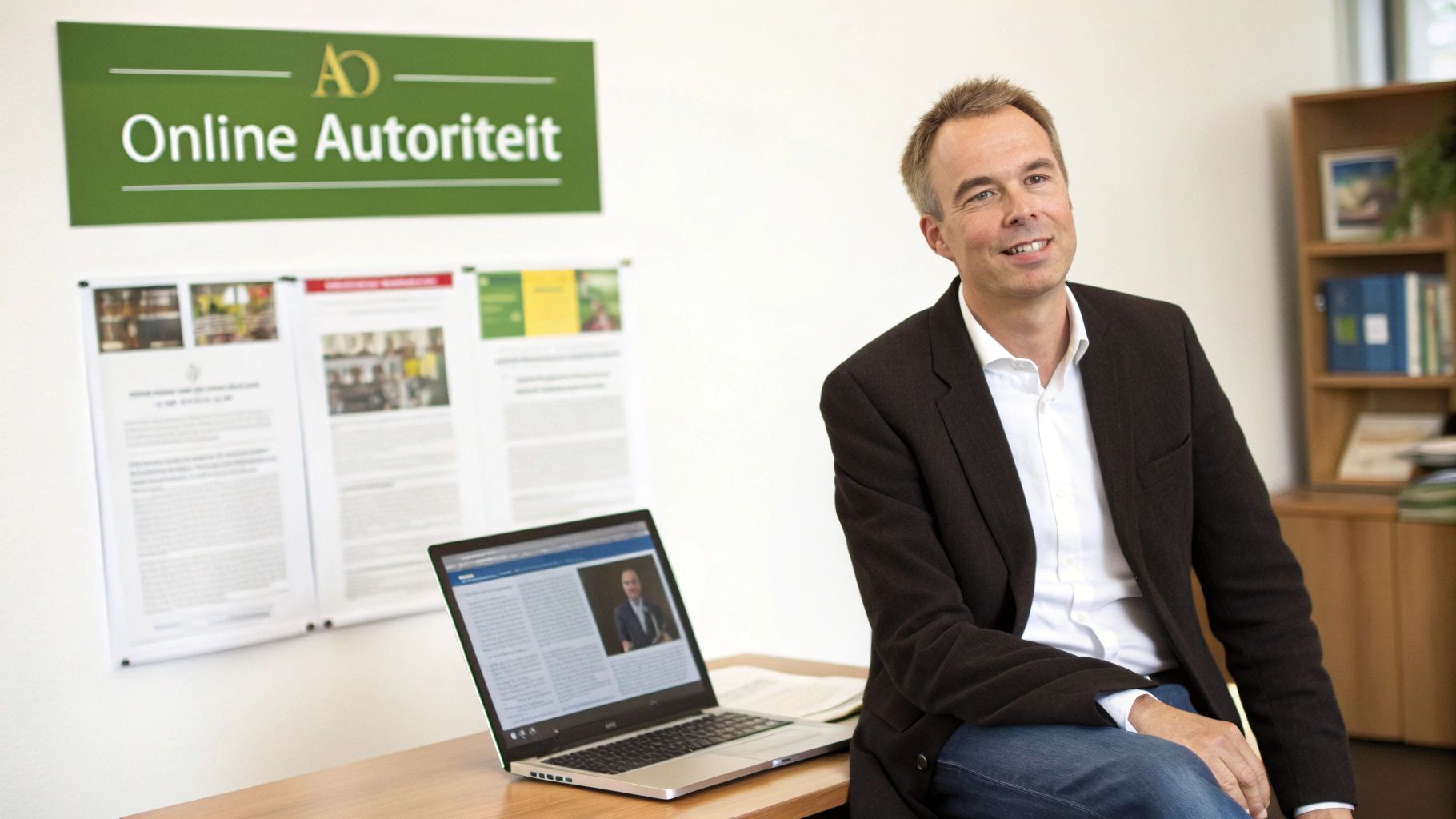 Glimlachende man in zakelijke kleding zit op bureau, met 'Online Autoriteit' banner en laptop op de achtergrond.