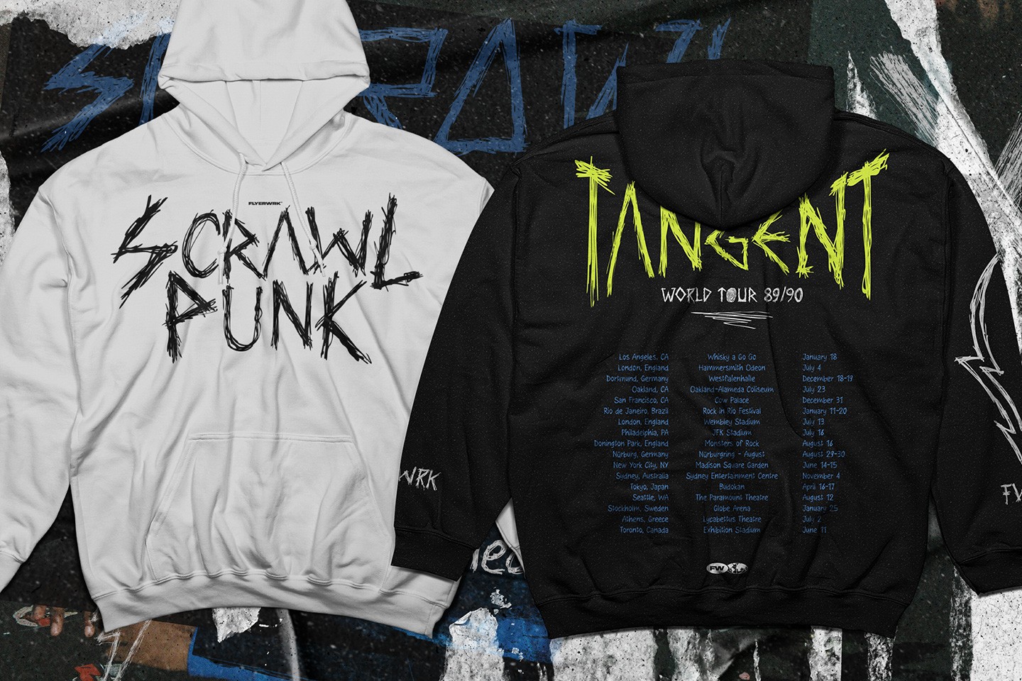 Scrawlpunk font applied to white and black hoodies showing the typeface on streetwear fashion apparel