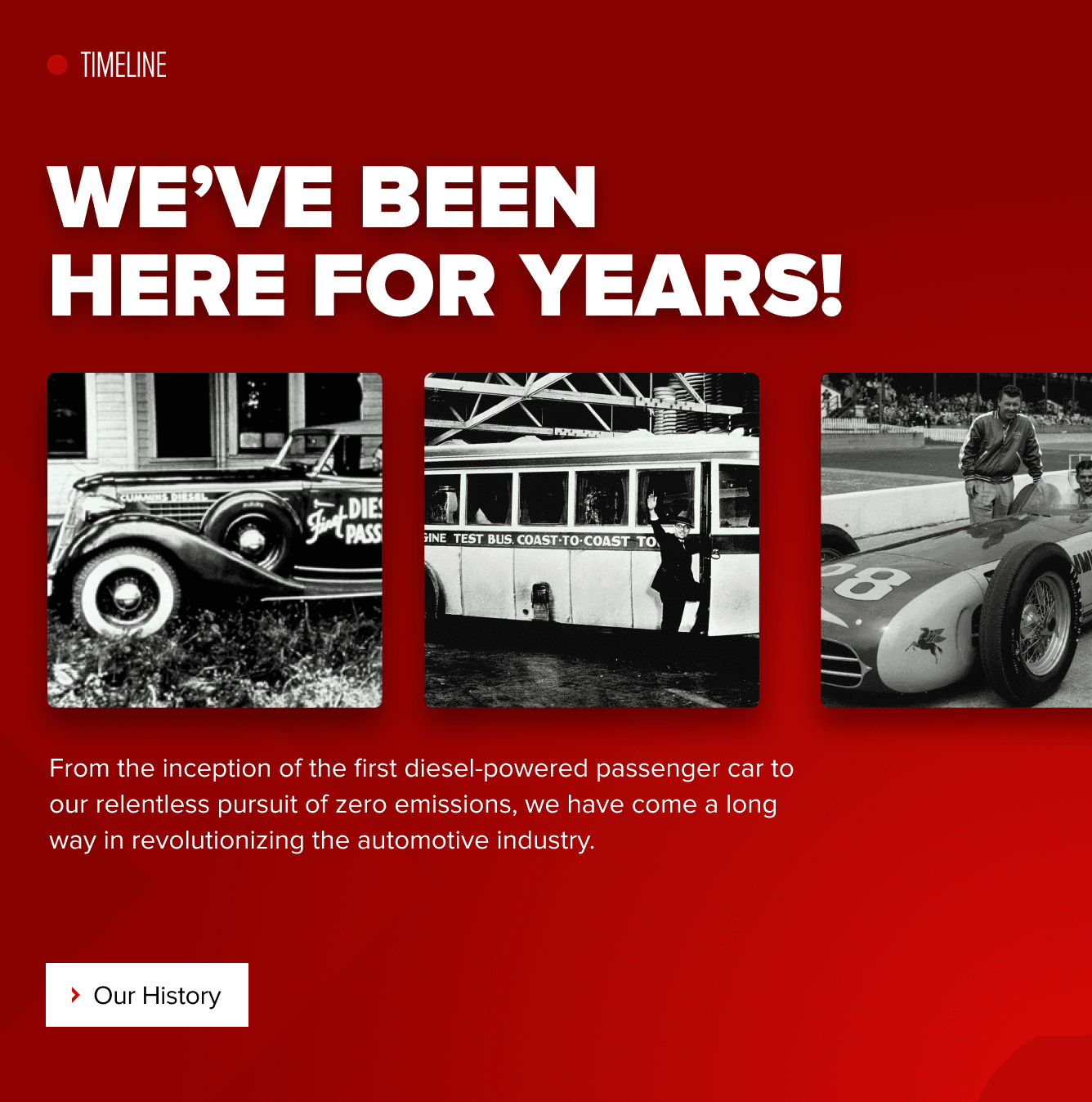 Social ad with 3 historic images with copy talking about Cummins' history.