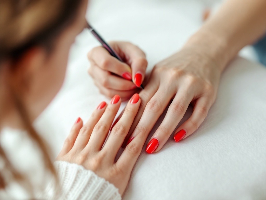 A woman getting her nails done with red nail polish.