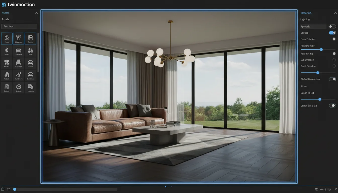 Screenshot of Twinmotion architectural visualization software UI in Modern Dark Mode. The interface has a subtle glowing blue outline. A left sidebar displays a grid of asset icons. A right sidebar shows detailed render properties with UI sliders and toggles. The central viewport displays a photorealistic 3D render of a modern high-end living room with a brown leather sofa, a sputnik-style chandelier, and large windows casting soft natural light across a dark wood floor.