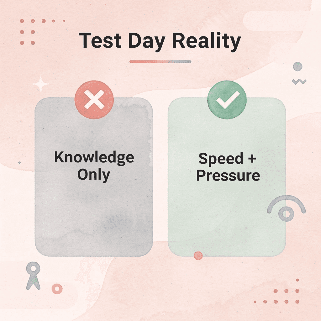 Before and after comparison showing knowledge only versus speed under pressure