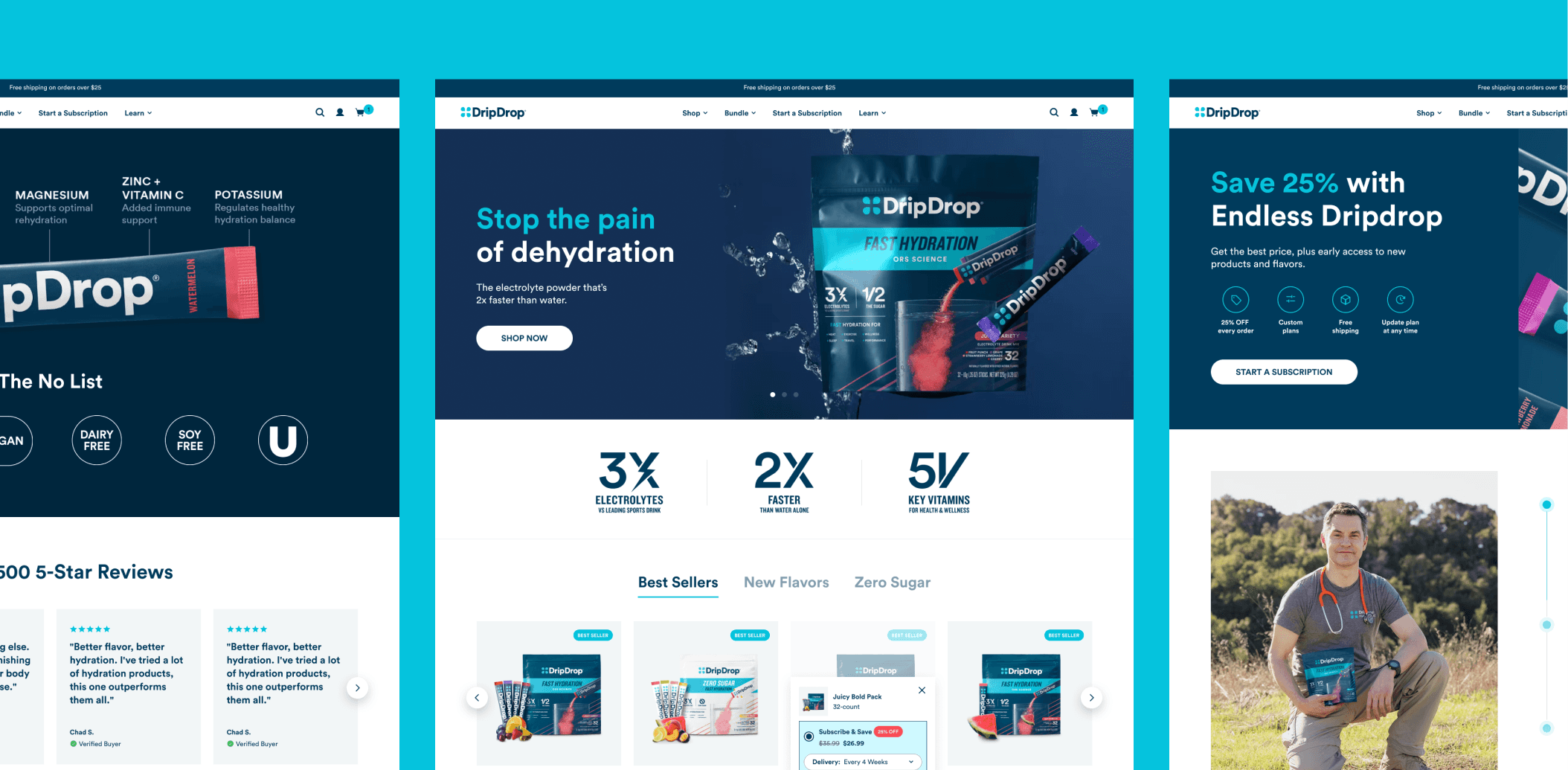 DripDrop Shopify homepage highlighting hydration products and brand messaging