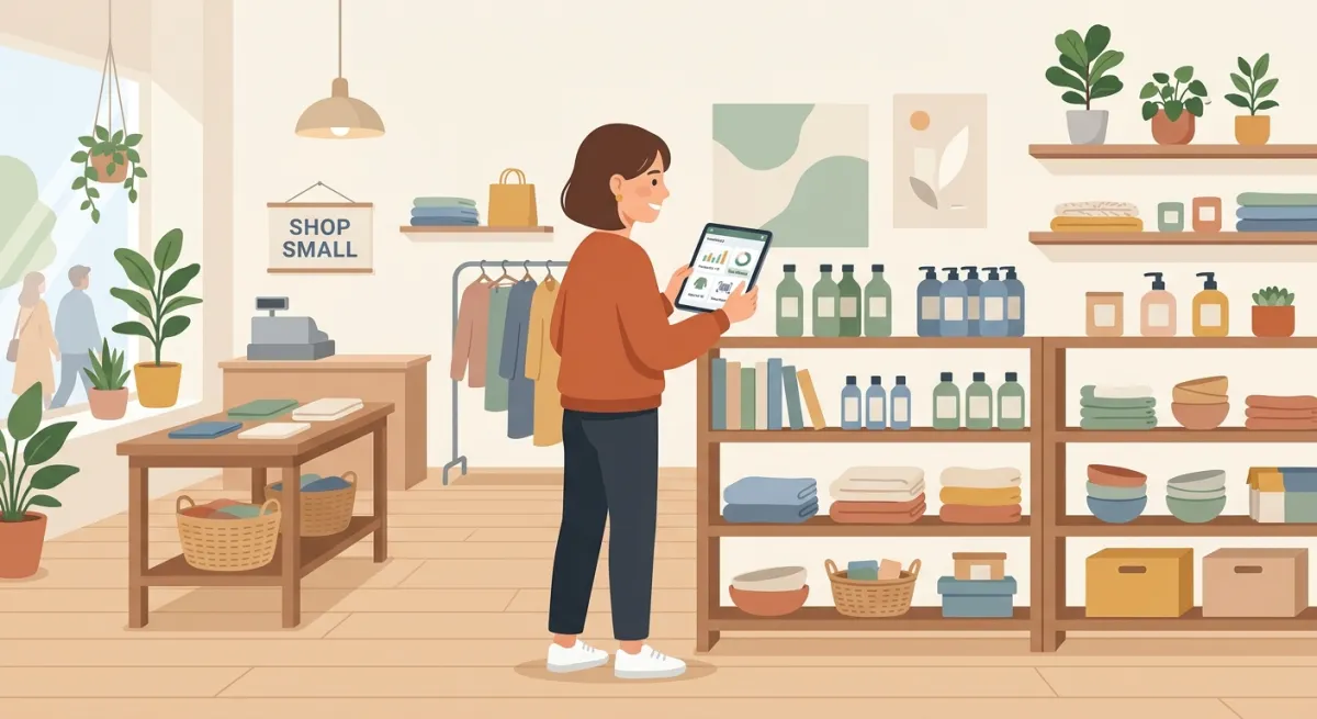 Flat illustration of a retail shop owner using a tablet inventory app to track stock on shelves.