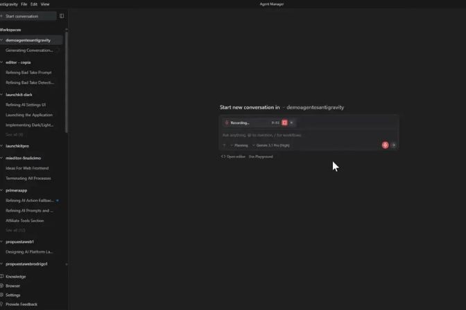 Editor Antigravity mostrando el gestor de agentes de IA ejecutando tareas en una interfaz de desarrollo en modo oscuro.
