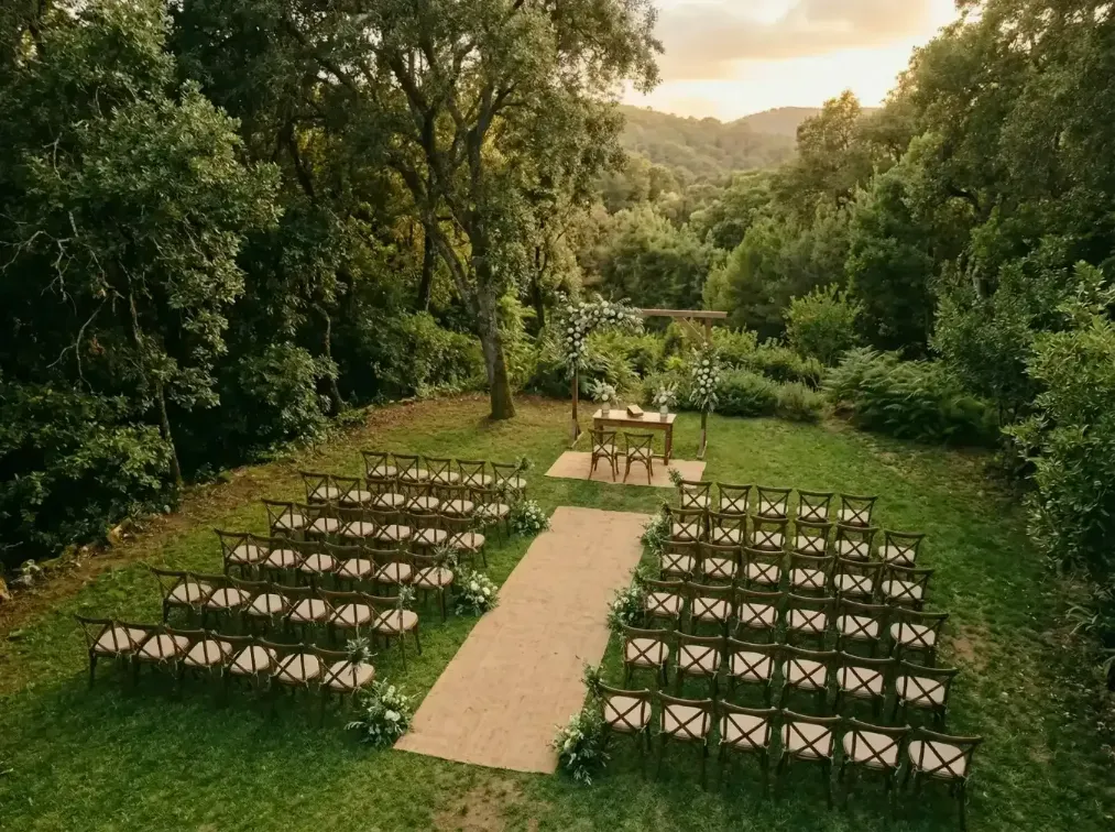 Elevated view of an outdoor wedding ceremony setup in a forest clearing with wooden chairs