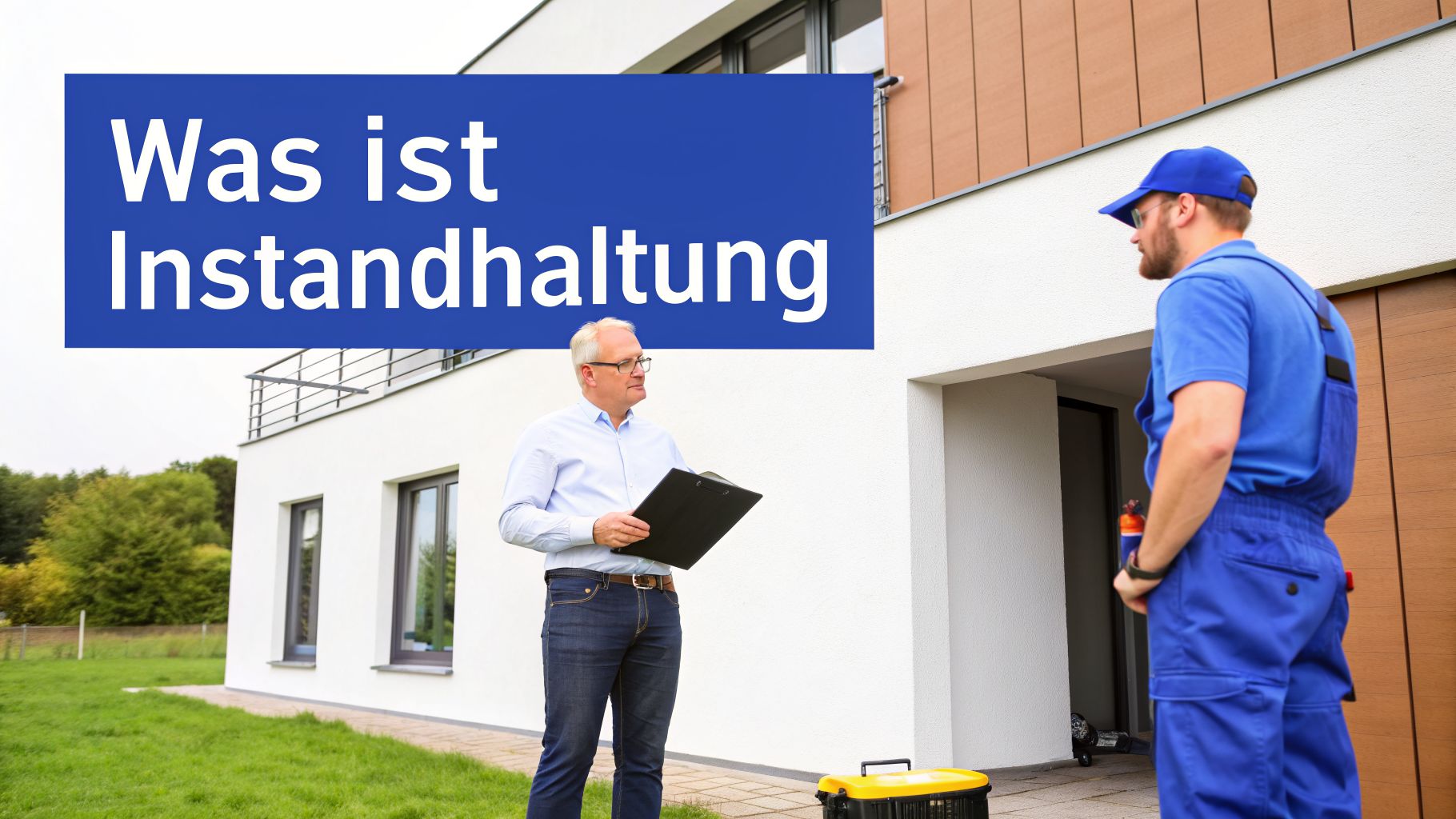 Ein Hausbesitzer und ein Handwerker besprechen Wartungsarbeiten an einem modernen Wohnhaus. Über dem Bild steht 'Was ist Instandhaltung'.
