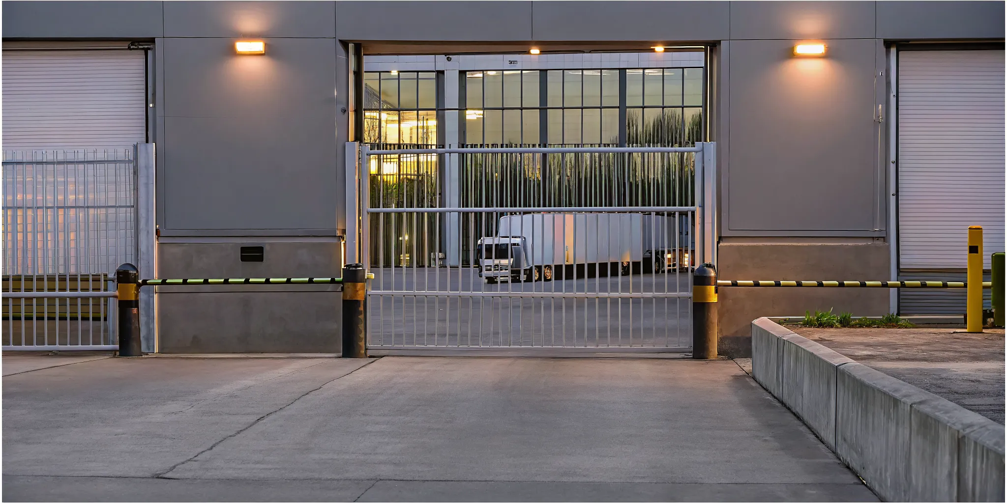Secure loading dock entrance of a commercial building with vehicle access control and vendor check-in system