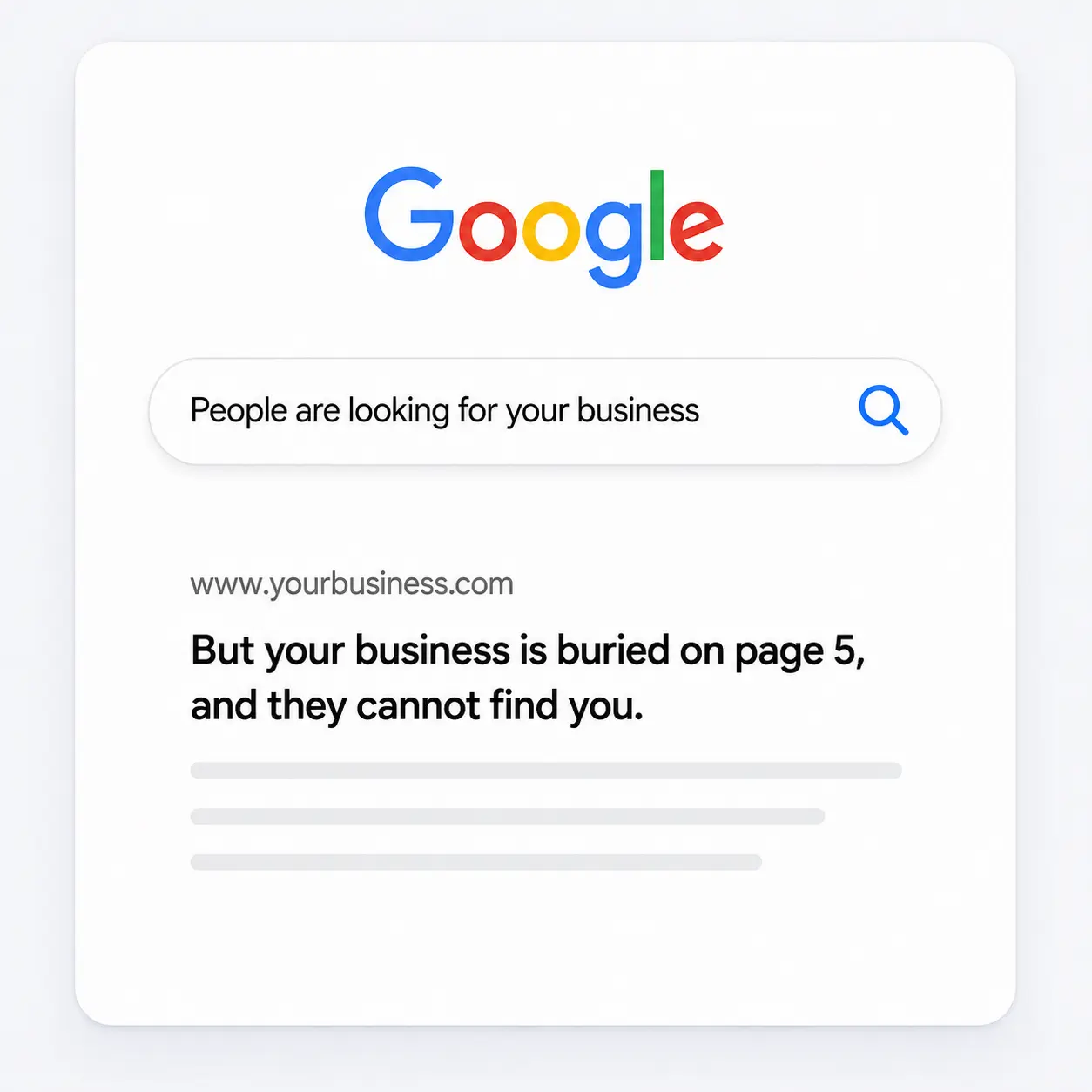 Google search mockup showing a business buried on page 5, representing poor online visibility and difficulty being found by potential customers.