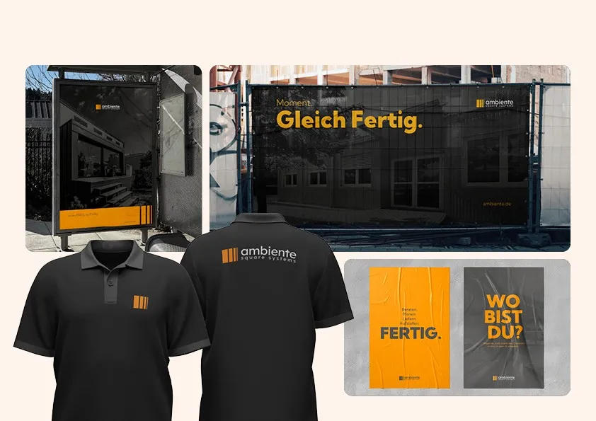 Branding und Markenauftritt für ambiente Square Systems auf Printprodukten, Bauzaunbanner und Arbeitskleidung