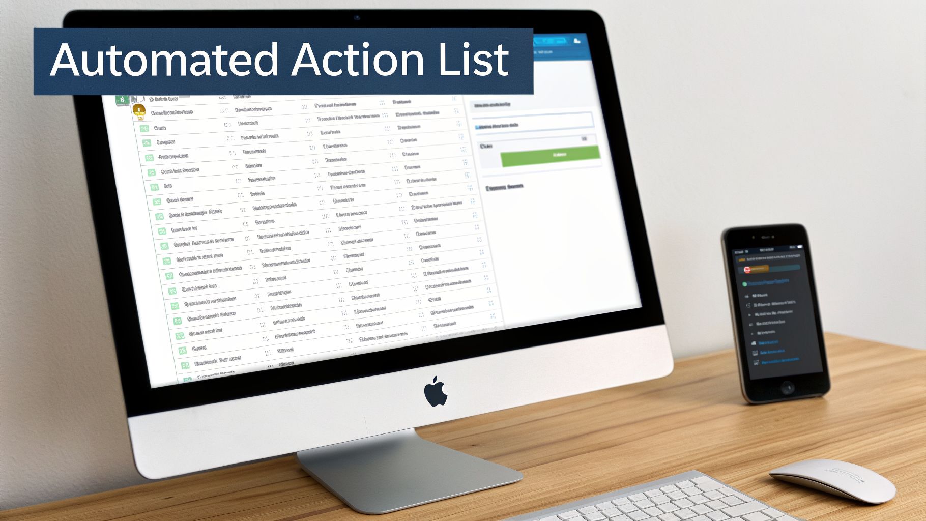 An Apple iMac displays an 'Automated Action List' application, with an iPhone showing a similar app on a wooden desk.