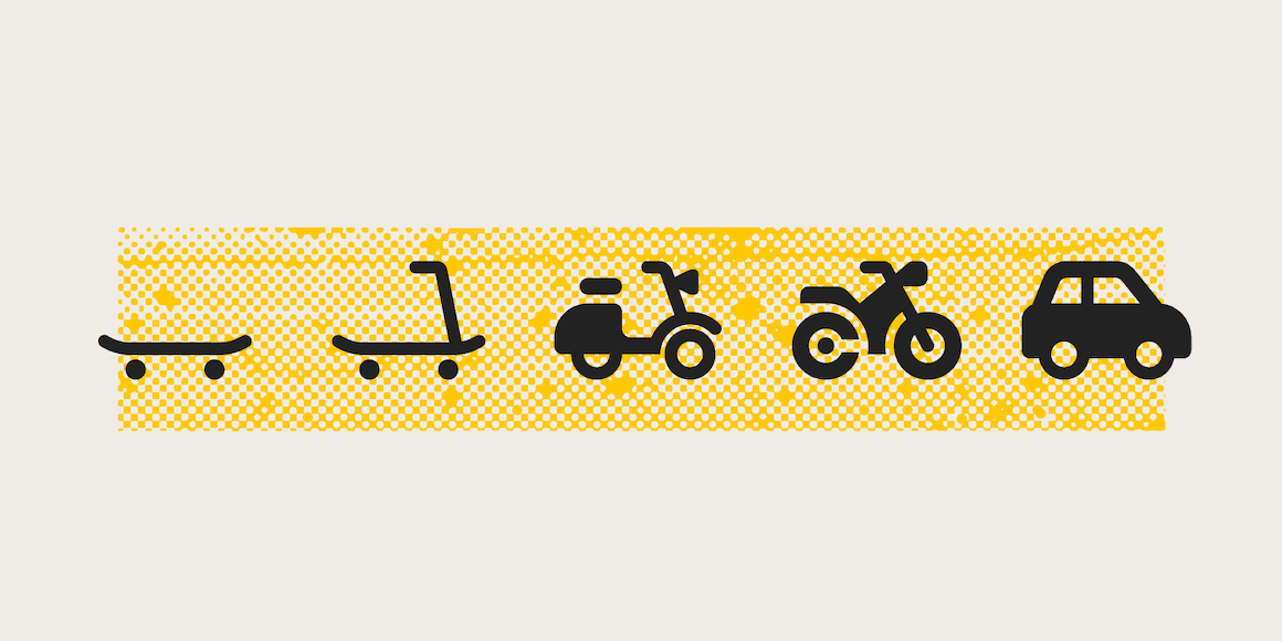 Illustration of five vehicles in order of size — skateboard, kick scooter, moped, motorcycle, and car — on a yellow halftone strip