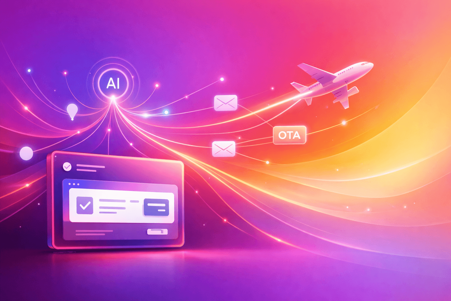 Abstract illustration showing AI-driven airline booking, with data flows connecting a checkout interface, AI agents, and an aircraft to represent agentic commerce and direct booking infrastructure.