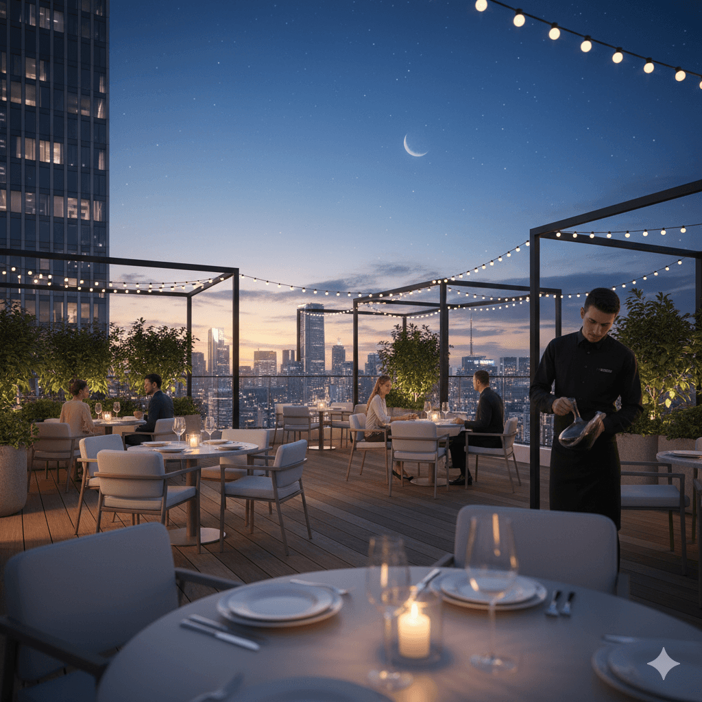 Luxury rooftop terrace restaurant with ambient lighting at night in a premium Gurugram commercial hub.