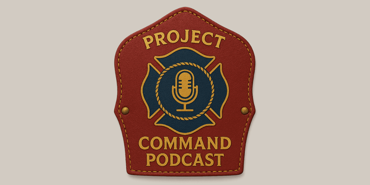 Leather-style “Project Command Podcast” logo with microphone emblem and firefighter maltese cross design.