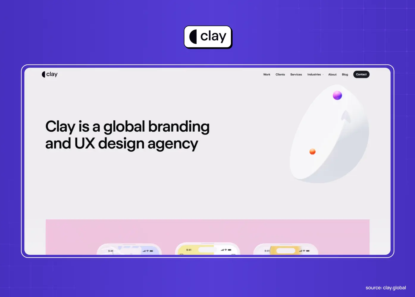 Clay website promoting a global branding and UX design agency, with minimalist typography and abstract 3D artwork.
