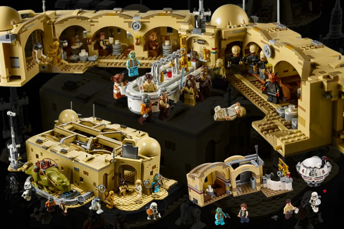 A detailed LEGO Star Wars Mos Eisley Cantina set featuring various minifigures, including Luke Skywalker, Han Solo, Obi-Wan Kenobi, Greedo, and the Cantina Band, along with intricate interior and exterior sections of the iconic Tatooine location.