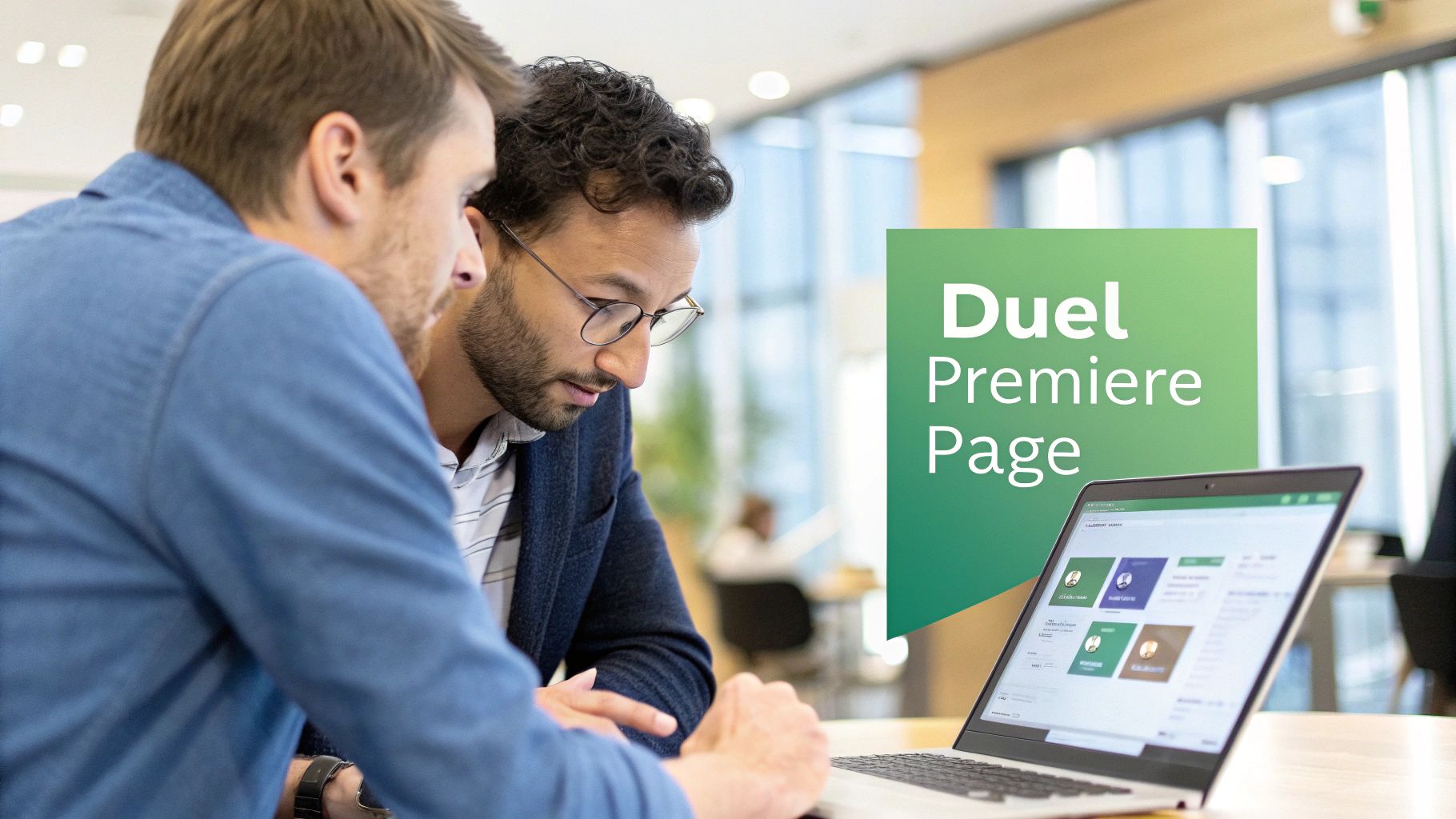 Deux hommes collaborent devant un ordinateur portable, discutant de contenu numérique sur une page web affichée.