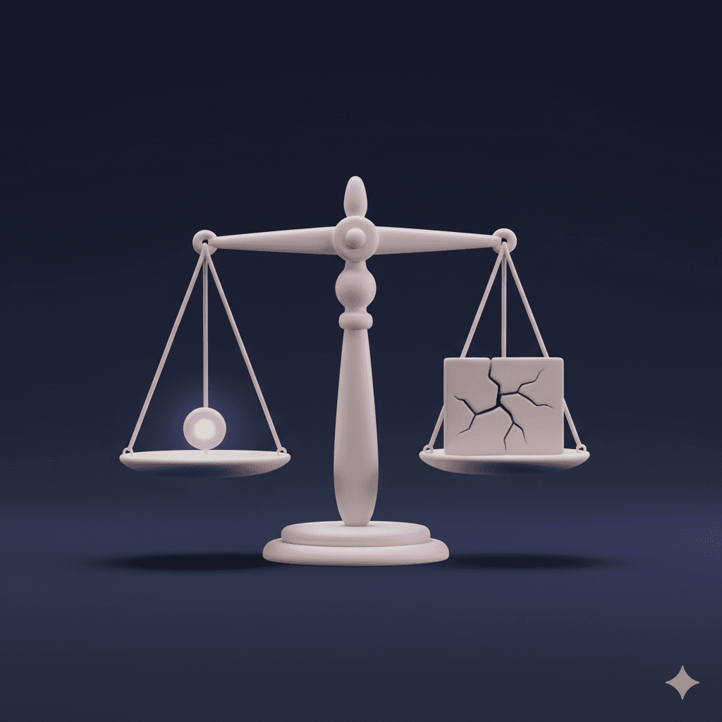 A glowing legal scale balancing a small nail hole against a cracked wall, illustrating the legal distinction between normal wear and tear and chargeable tenant damage