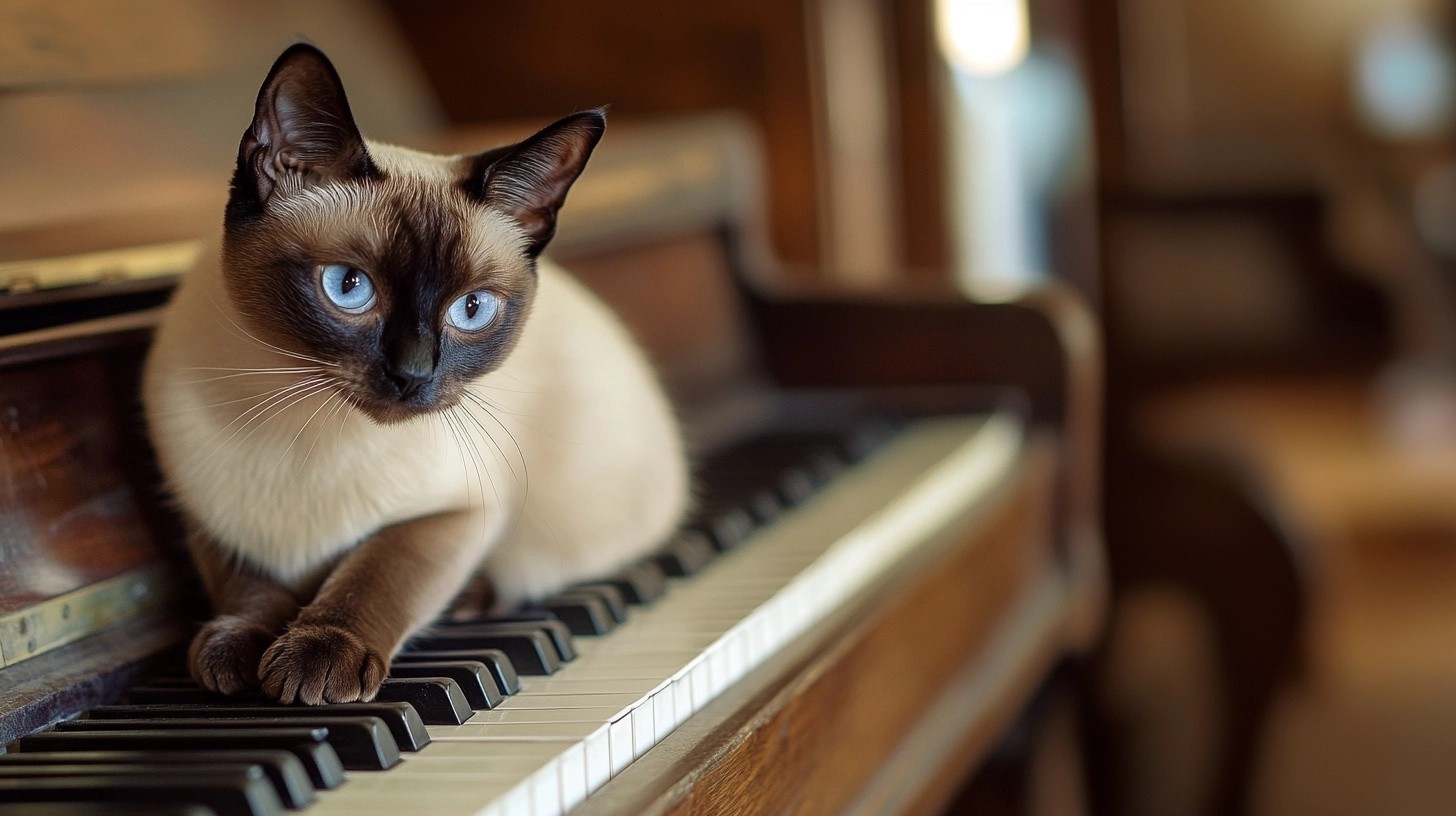 A siamese cat on a piano