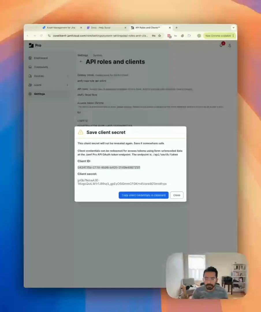 Jamf Pro API configuration panel showing the client secret setup modal for secure authentication.
