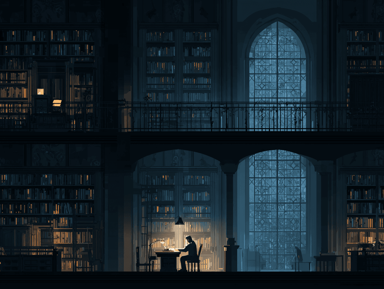 Person sitting in a library.