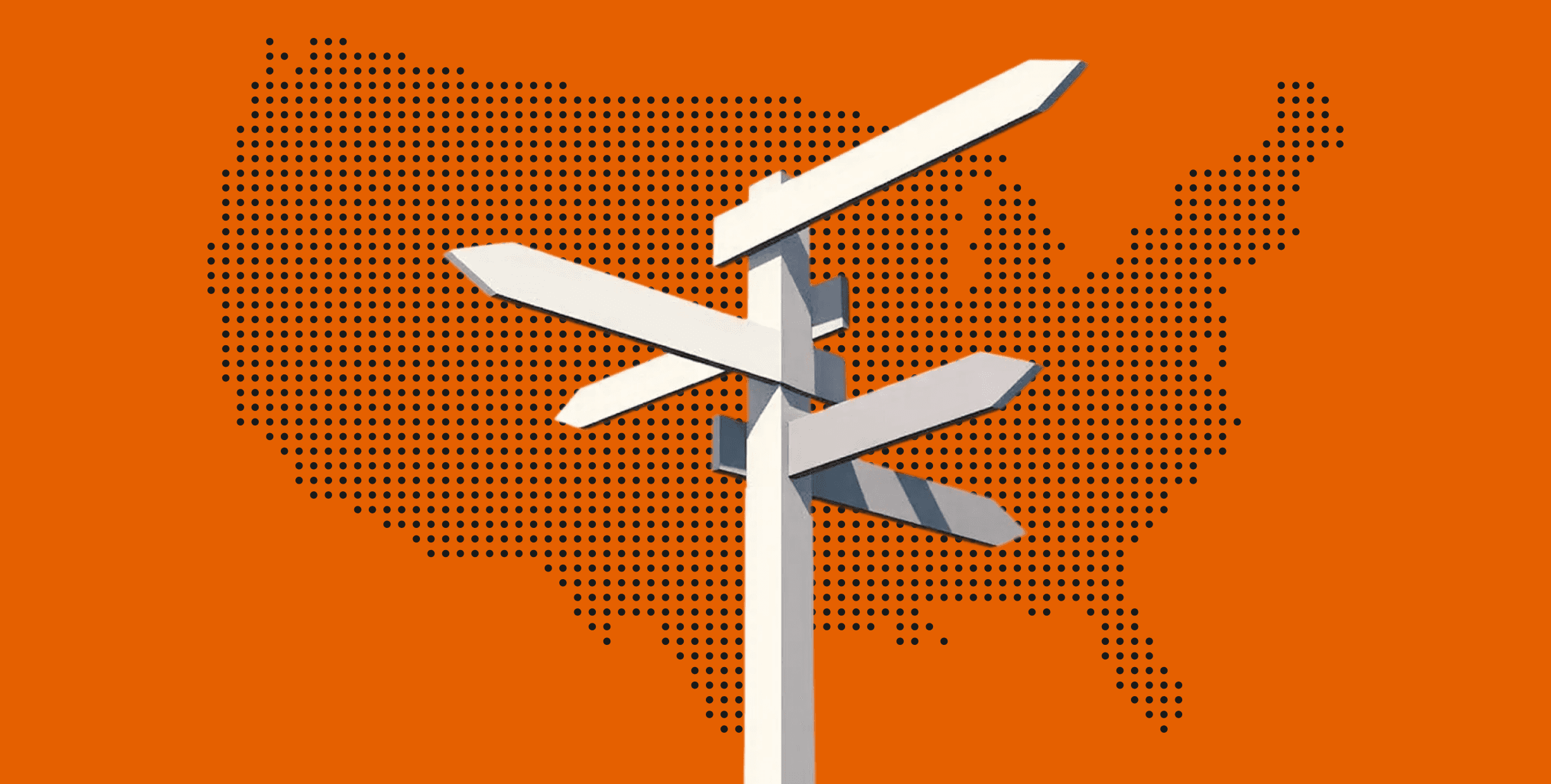 Image of a directional signpost pointing in different directions, over a silhouette of a map of the United States. The background is red.