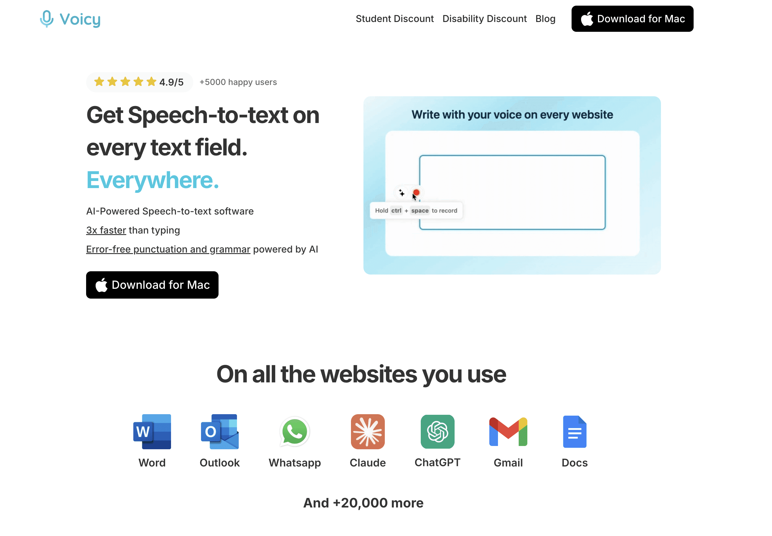 Screenshot of Voicy Speech to text homepage