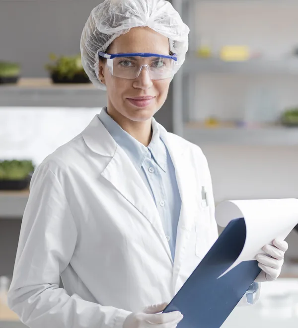 Quality assurance scientist in hairnet and safety glasses holding a batch record clipboard