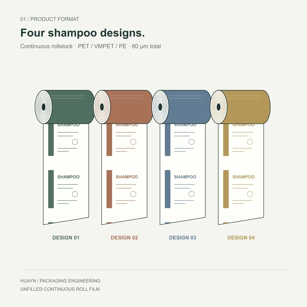 Four printed shampoo sachet roll-film designs on separate rolls with continuous unfilled film webs.
