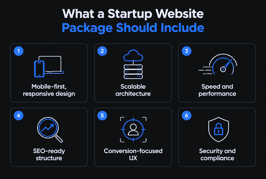 Infographic of key features every startup web development package should include: positioning, responsive design, CMS, conversion paths, SEO and analytics