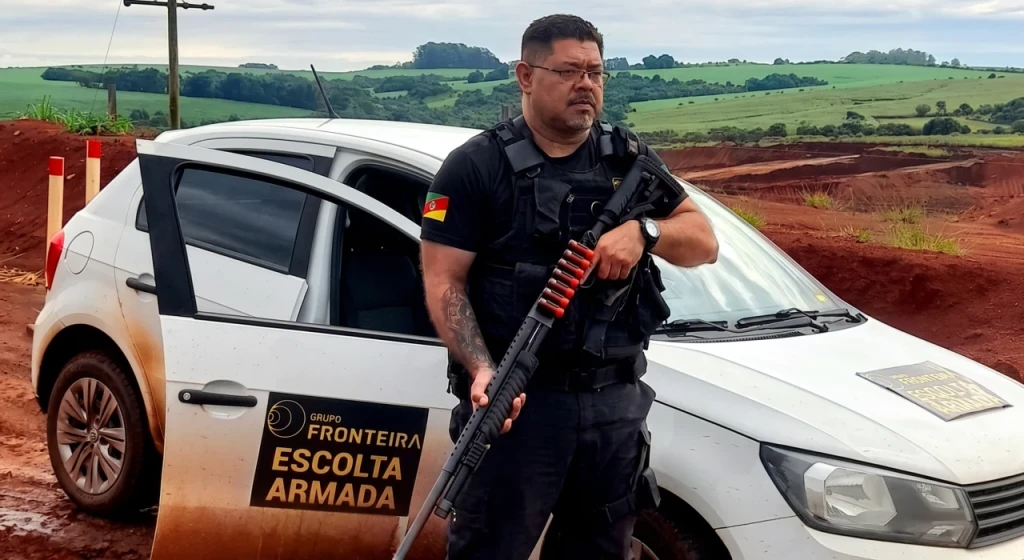 Segurança armado ao lado de um carro fazendo escolta.