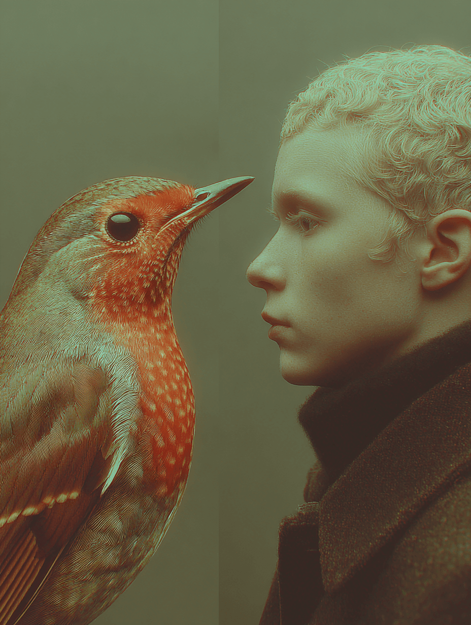 A surreal portrait of a bird and a human facing each other, with the bird’s beak nearly touching the person’s nose, both set against a muted green background.