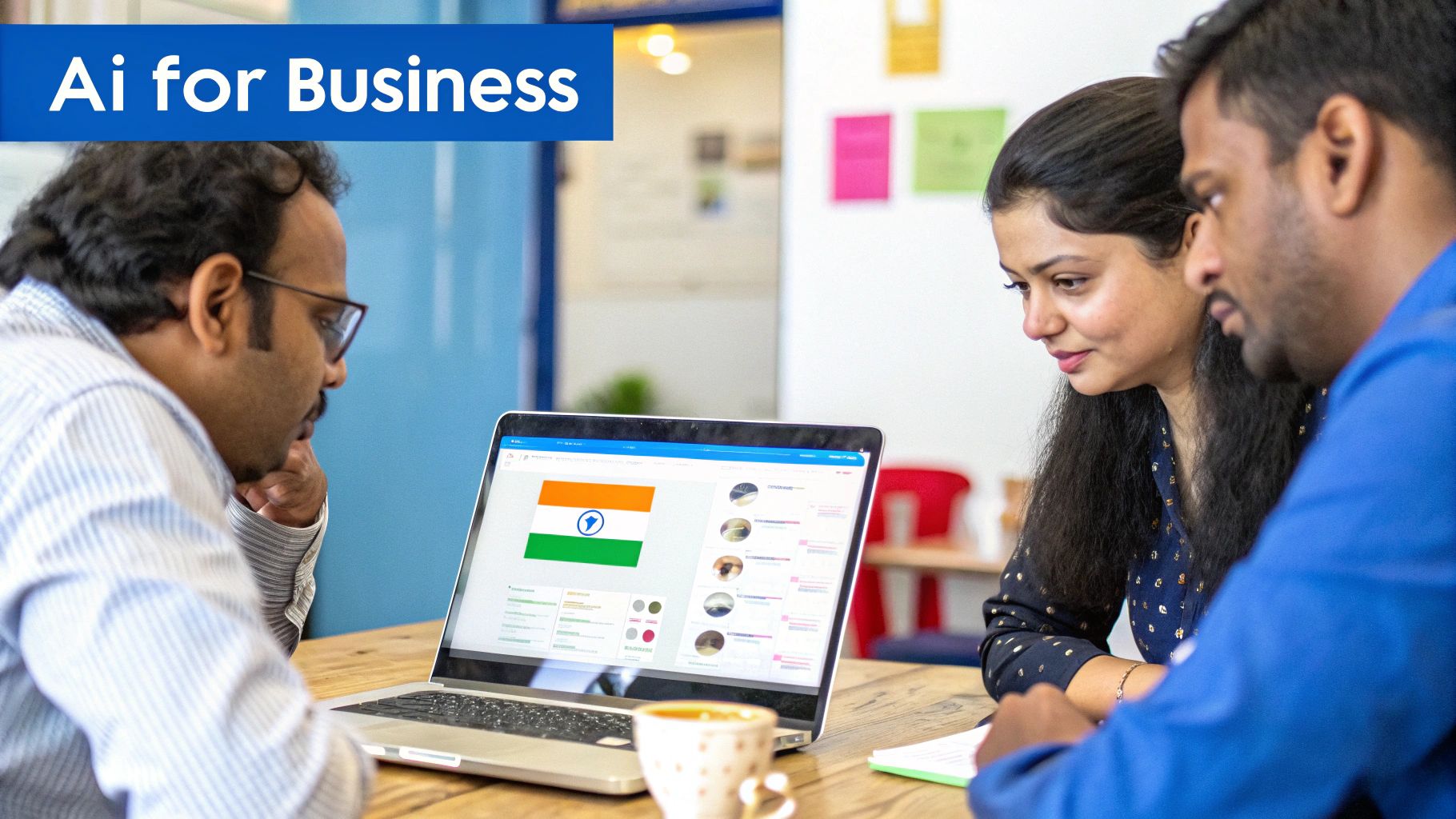 An Indian business team collaborating around a laptop, showing AI tools on the screen.