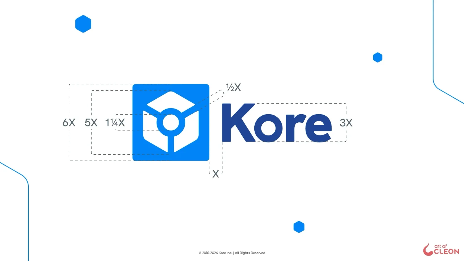 The Kore lockup over dashed construction guides. Measurements based on the icon width mark the height and the spaces between the square, the Kore wordmark, and their surrounding clear area.