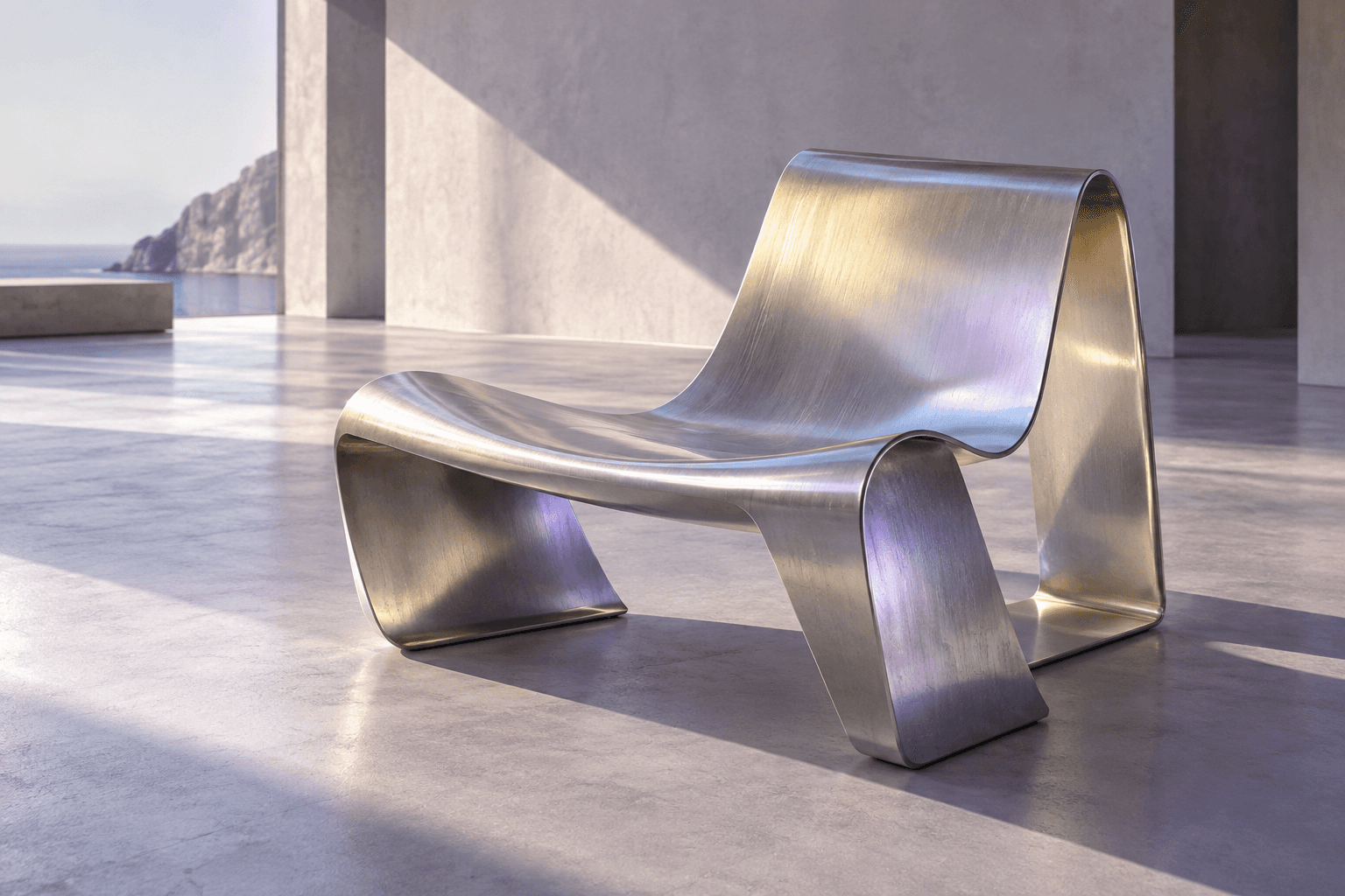 Fold Chair: a silver folded aluminium chair in a lavender architectural room.