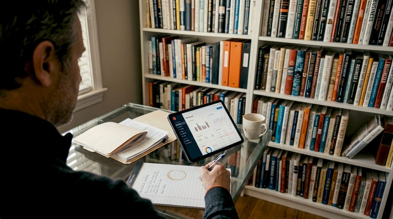 Investor analyzing app metrics in home office