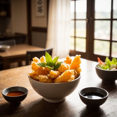 product photography of bowl of tempura with dipping sauce and side vegetables