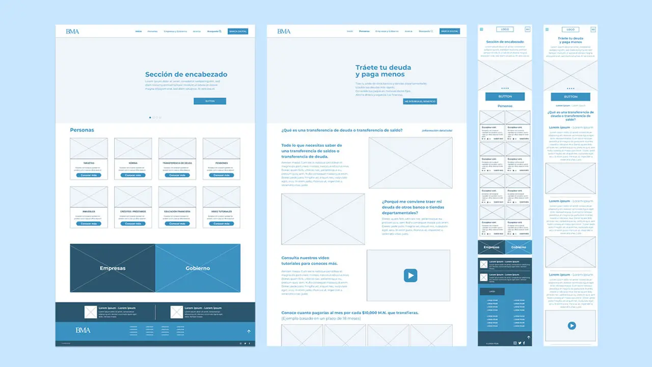Captura de pantalla de la fase de ideación en Adobe XD; muestra el diseño de wireframes o prototipos de baja fidelidad, estructurando la arquitectura visual y los flujos básicos de navegación para las pruebas iniciales de usabilidad con usuarios.