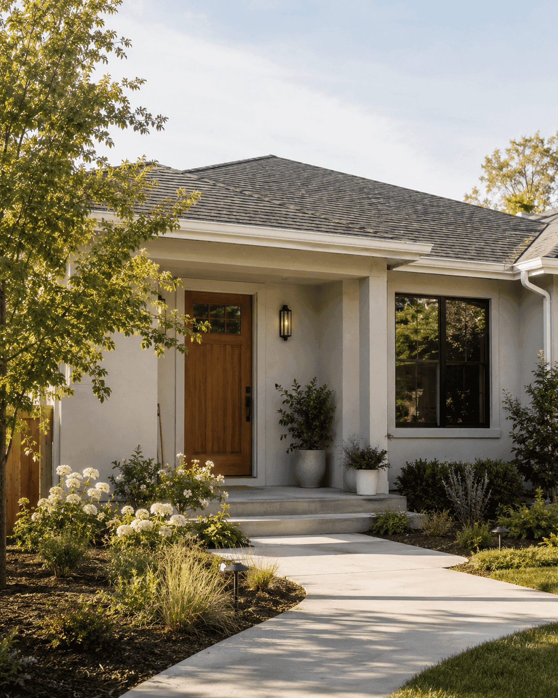Front exterior of a light-colored home with a wood door and landscaped garden path
