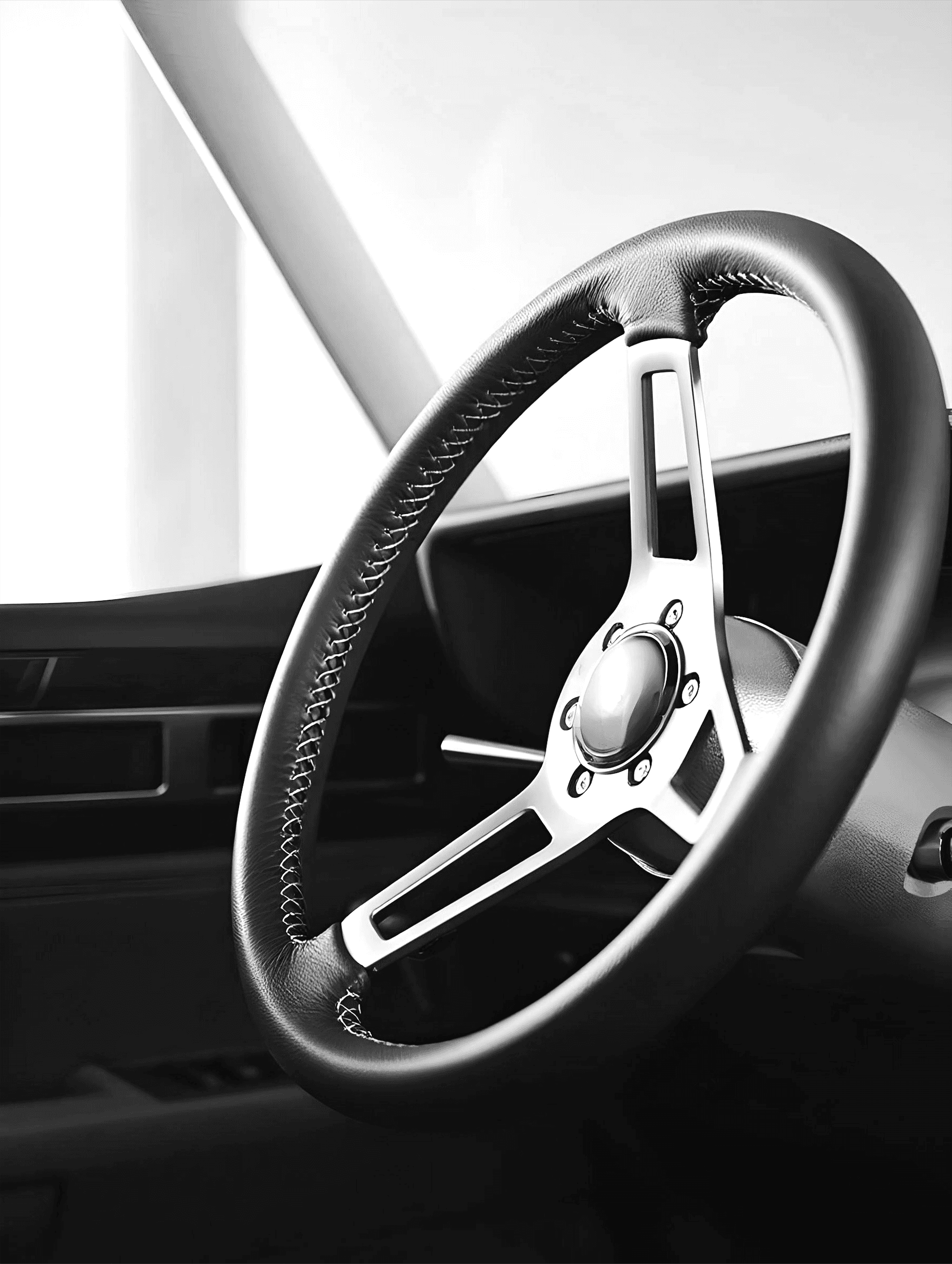 View of a car steering wheel.
