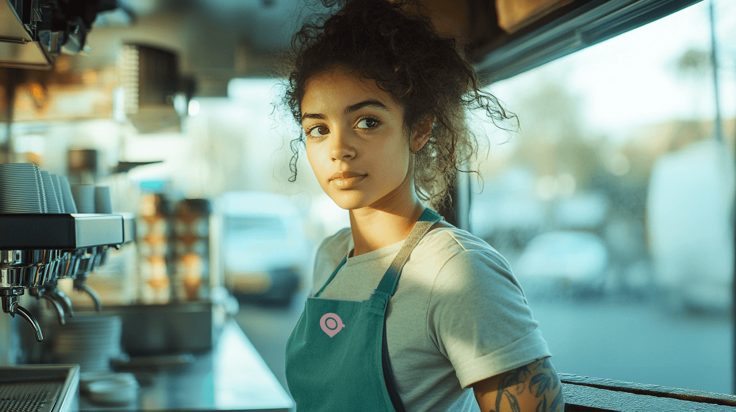 woman in coffee truck with branded apron