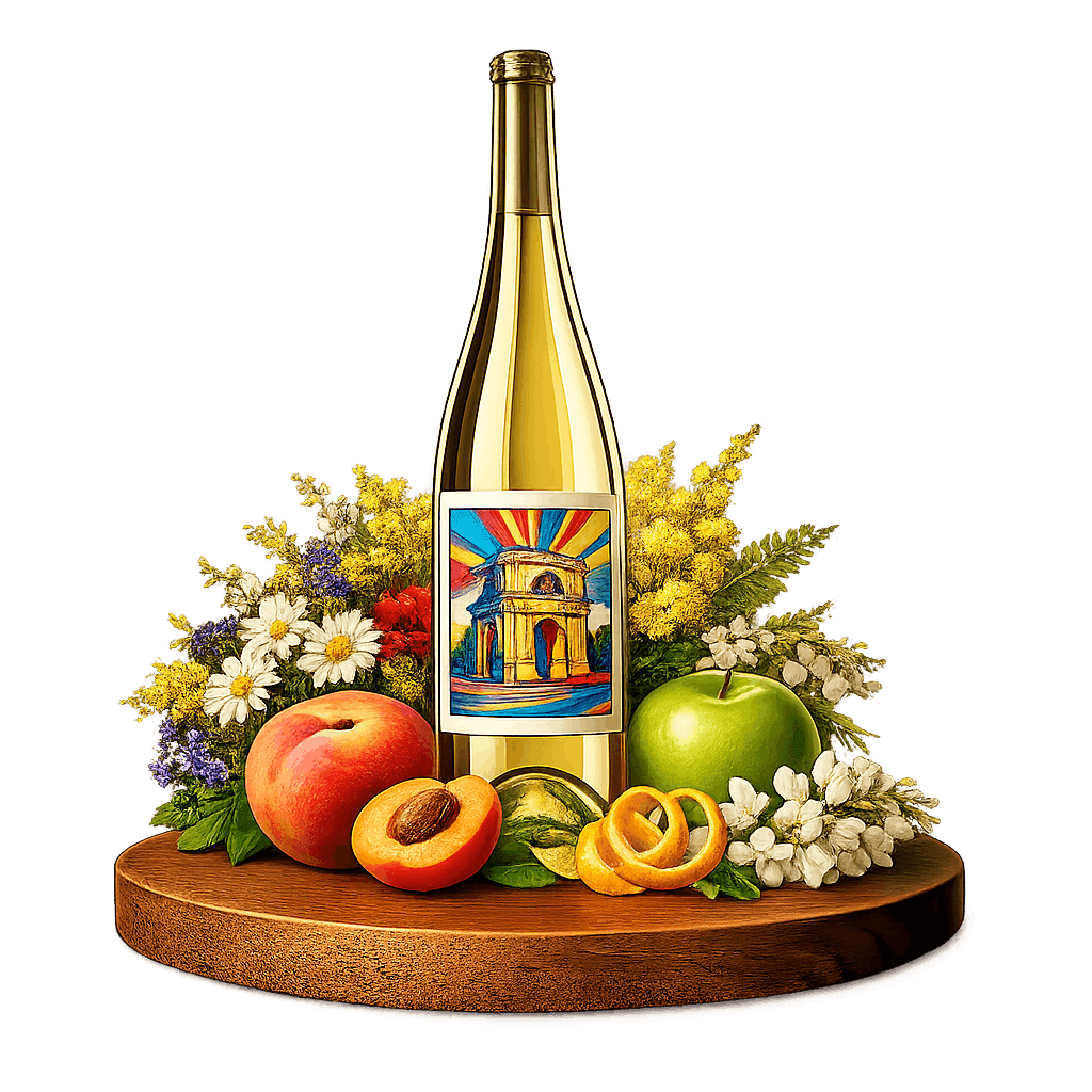 Artistic label and flavor profile for Moldovan White Blend on a rustic wooden table.